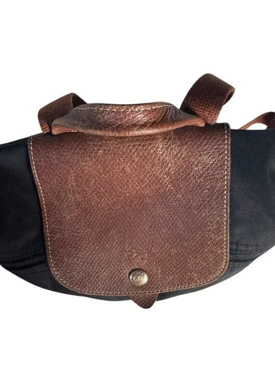 Longchamp Le Pliage Mini Backpack Black Canvas Brown Leather Flap - Picture 5 of 15